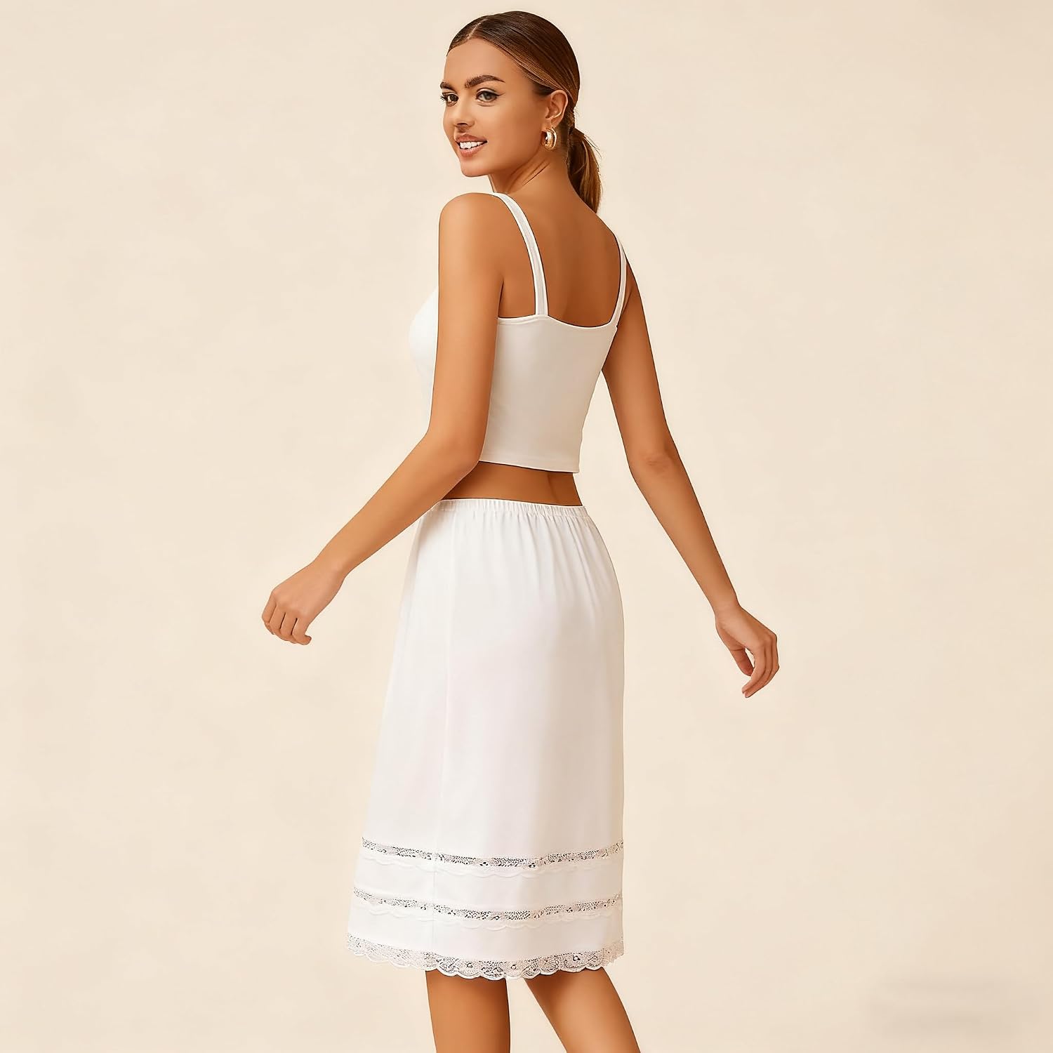 Women's White Half Slip with Lace Trim, Mid-Length Underskirt, A-Line Style,Size L