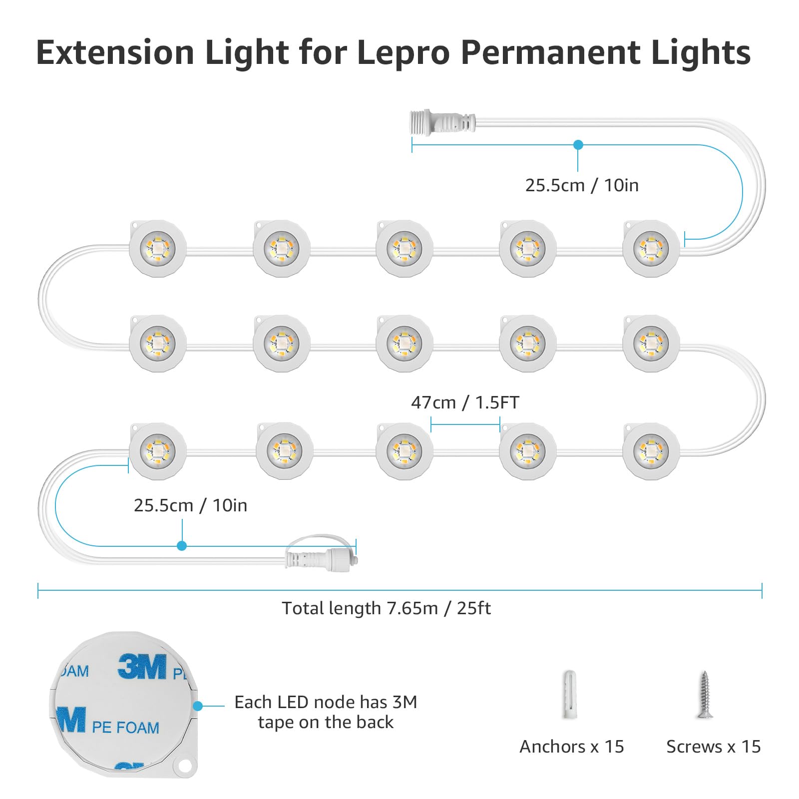 Lepro 7.5m/25ft E1 Permanent Outdoor Lights Accessories, Single Strand Without Adaptor and in-line Controller - Image 2