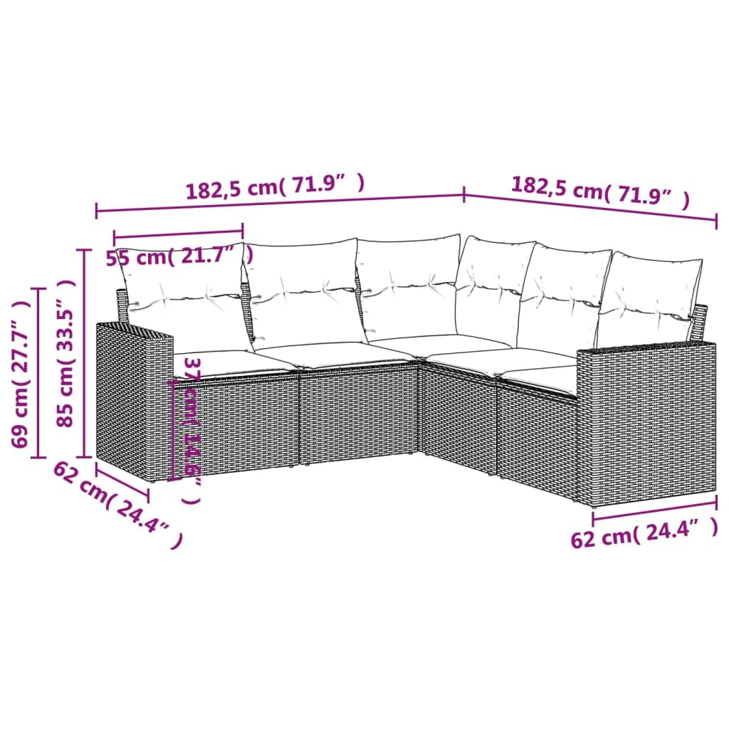 vidaXL Garten Sofa Garnitur 5-TLG., Gartenmöbel Set mit Kissen Stauraum, Sitzgruppe für Garten Terrasse, Modular Gartensofa Lounge, Grau Poly Rattan