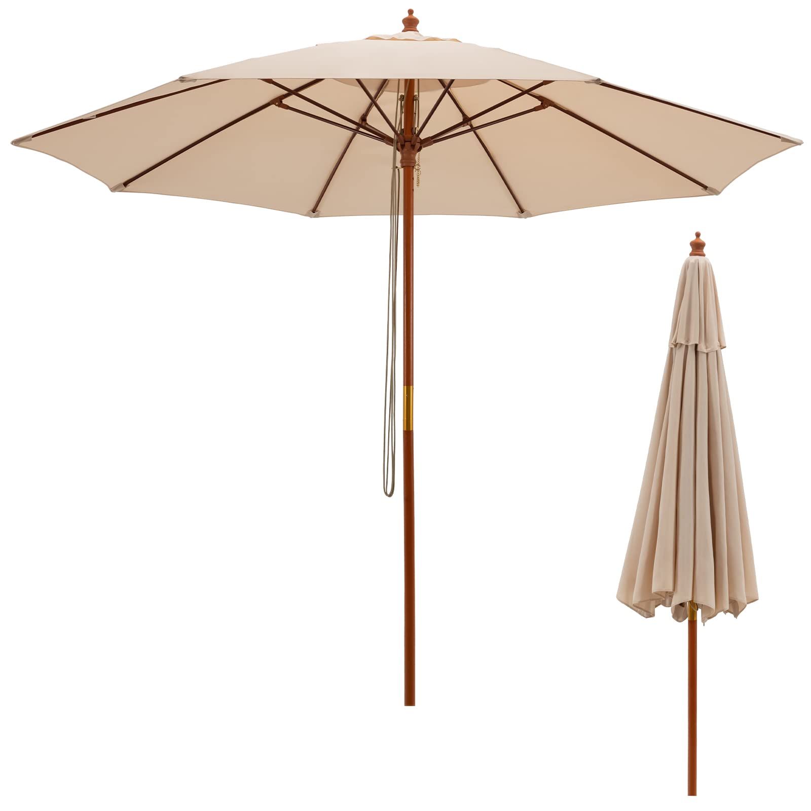 COSTWAY Sombrilla Parasol 2.62x2.83m, Sombrilla Playa Plegable, Mecanismo de Polea de Cuerda, 8 Varillas, Sombrilla Terraza Exterior, Jardín, Patio, Piscina, Protección UV50+