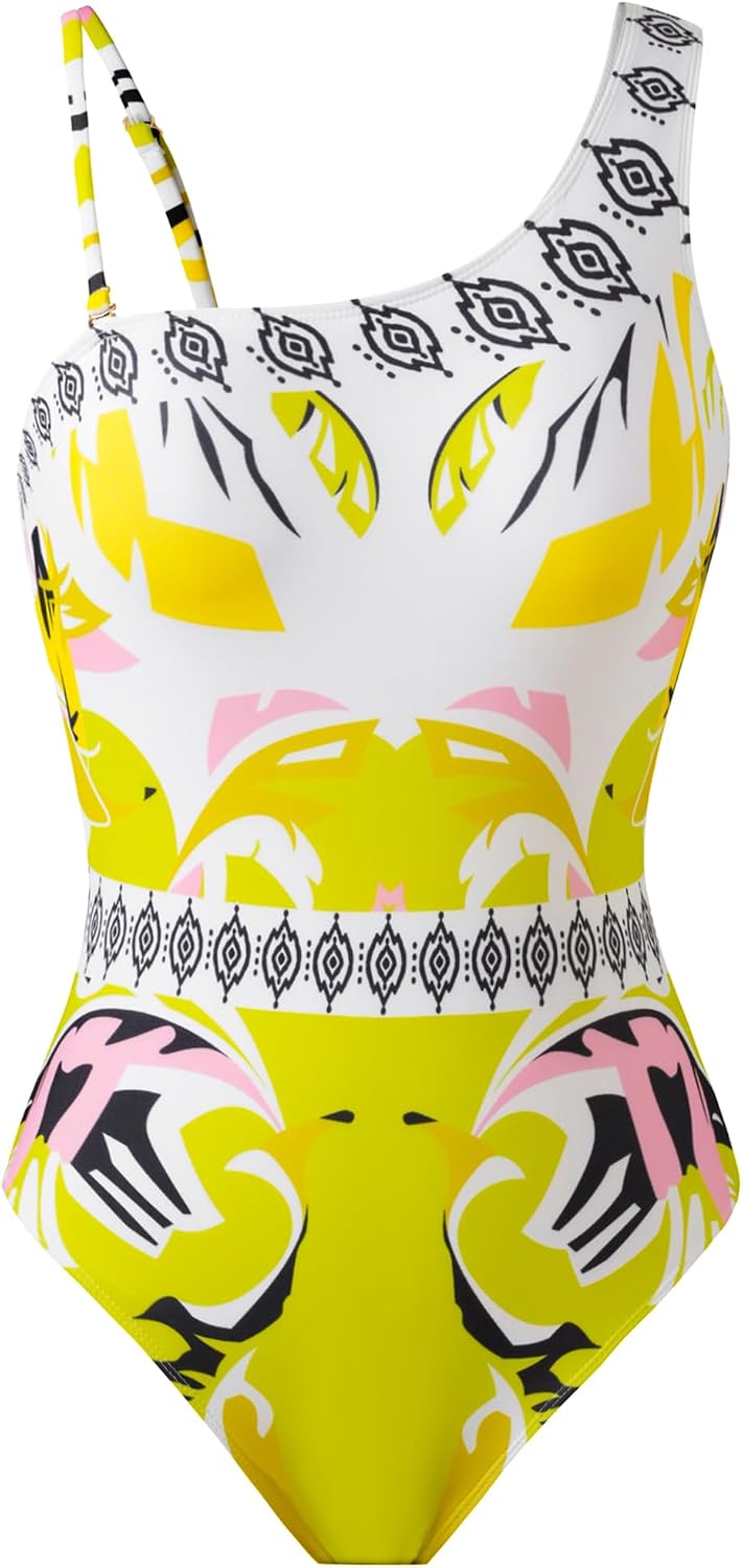 Women’s One Piece Swimsuit with Cover Up Set, One Shoulder Two Piece Bathing Suits with Wrap Skirt