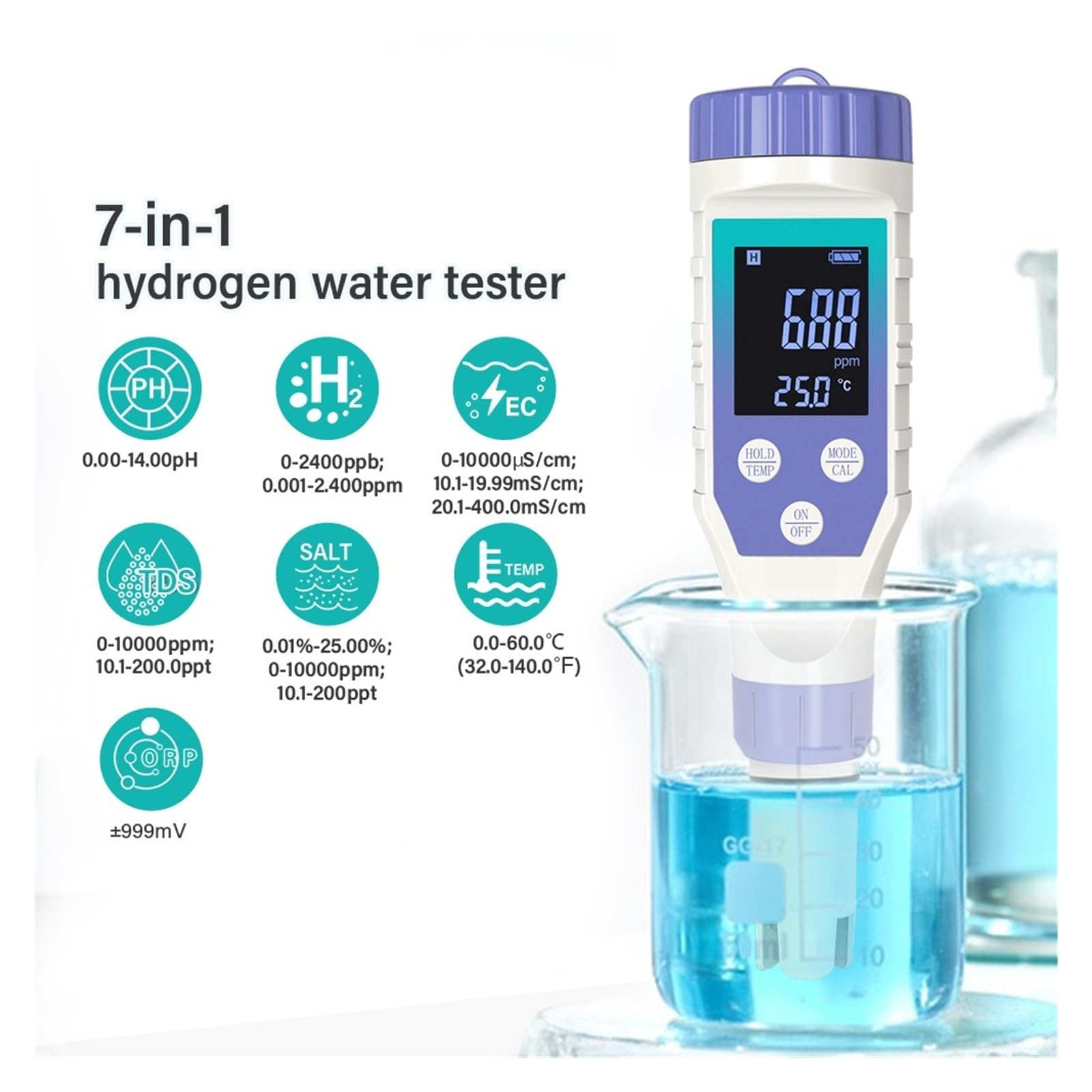 Medidor de pH con kit de calibración pH/H2/ORP/TDS/EC/SALT/Temp. Probador de hidrógeno for agua potable.
