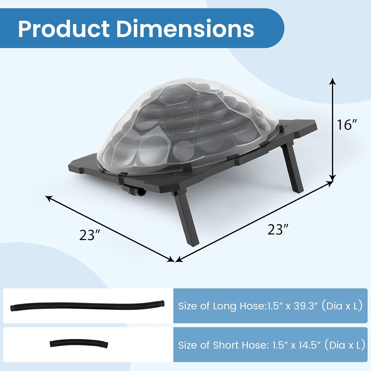 Diagram showing the dimensions of the solar pool heater: 23 inches length, 23 inches width, and 16 inches height. Also shows the sizes of the long and short hoses.