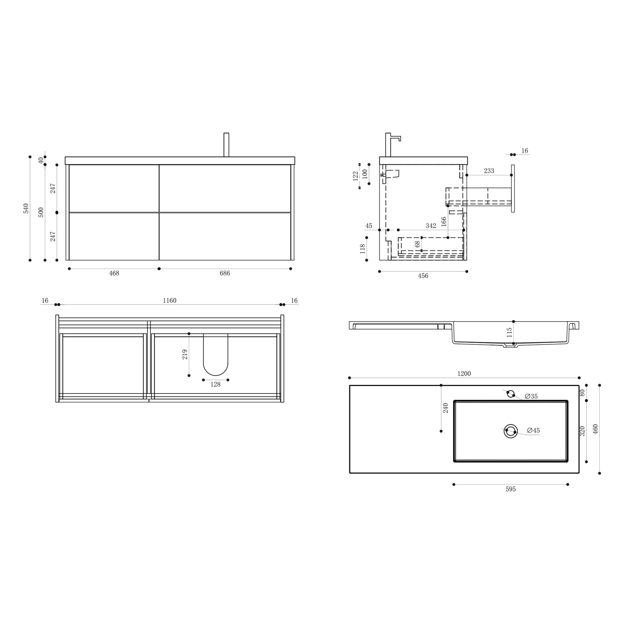 doporro Badezimmerschrank Badmöbel-Set Waschtisch mit Unterschrank Moment mit Soft-Close Wandmontage in matt Anthrazit, BxTxH:120x46x54cm, montagefertig inkl. Mineralguss-Waschbecken