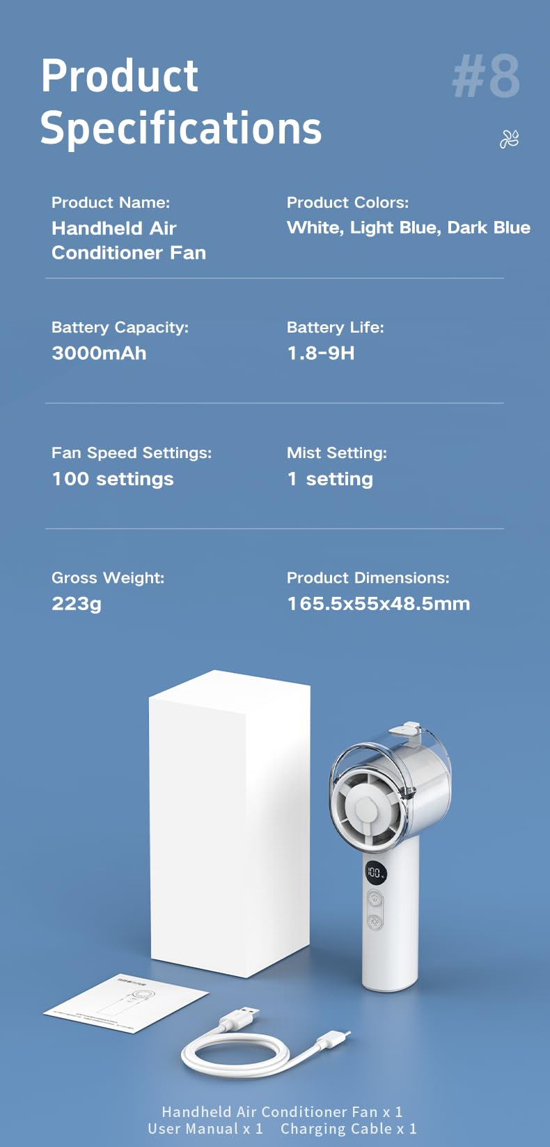 Wiederaufladbarer Handheld-Hochgeschwindigkeitslüfter mit Kühlspray, Outdoor-Kühlbefeuchter kleiner Lüfter, Langdruckschalter zur Einstellung der 100-Gangsanzeige/Kühlspray.