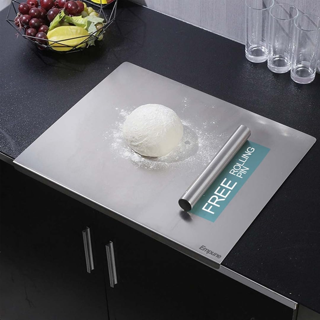 - Stainless Steel Chopping Board for Kitchen | Free Rollin Pin | Heavy Duty Chopping-Board | for Cutting Vegetable, Meat, Fruits | Durable | Non Slip | Rust Proof | Round Edge | Medium | 42 x 32 cm