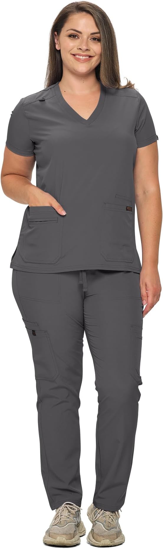 Monarch Uniforms Scrub Sets in Regular and Petite Stretchy Scrubs for Women Set of Scrub Top and Scrub pants, Charcoal, Small