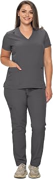 Monarch Uniforms Scrub Sets in Regular and Petite Stretchy Scrubs for Women Set of Scrub Top and Scrub pants, Charcoal, Small
