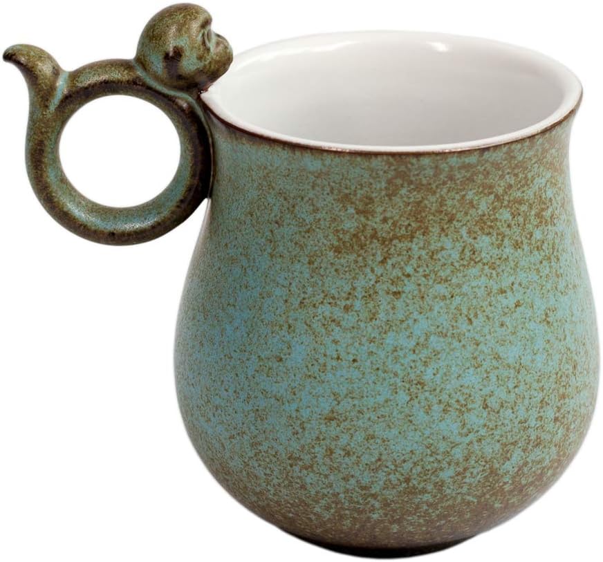 Happy Monkey Mug, 12 oz For Coffee, Tea, Cocoa, Rouded Body, Green Ceramic Mug, Asian Style, Nice Gift