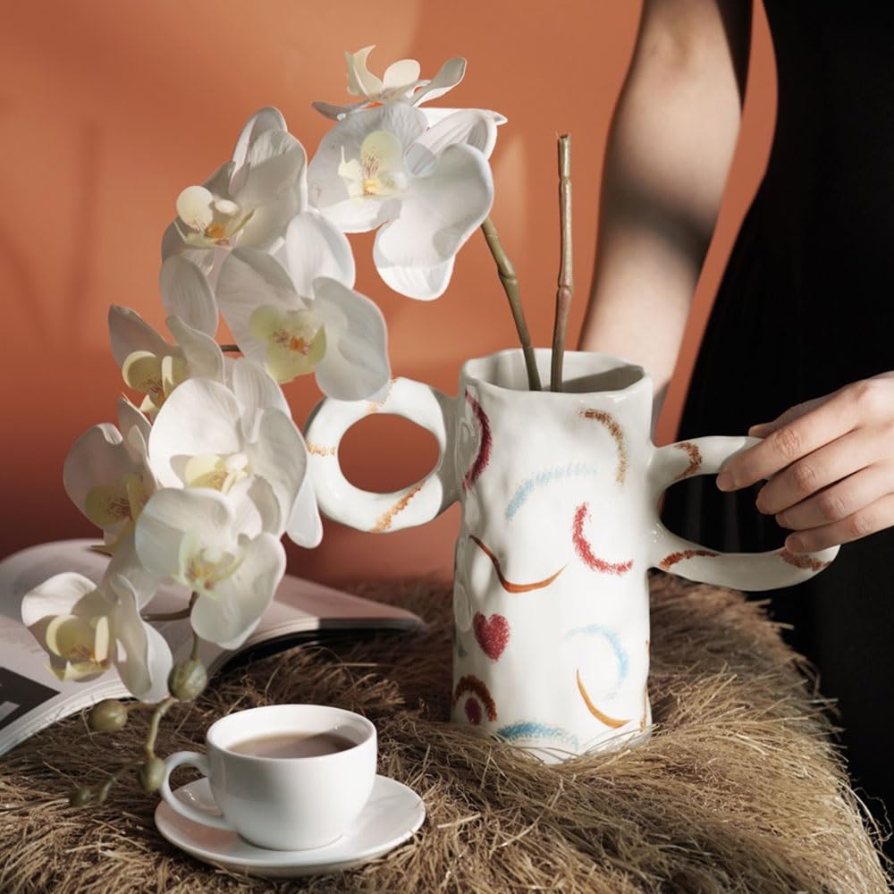Eleganckie Uroczy ceramiczny wazon w kształcie serca, podwójne uszy, ręcznie malowany, dekoracyjny element aranżacji kwiatów Centralne elementy stołu