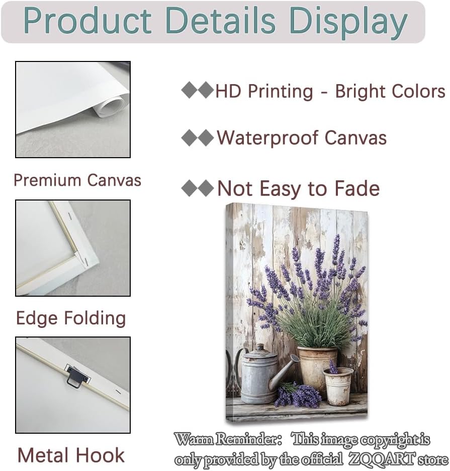 ZQQART Lavender Wall Art Purple Lavender in Flowerpots Canvas Painting Art Vintage Floral Picture Prints Rustic Style Decor Framed(Grey,16.00" x 24.00")