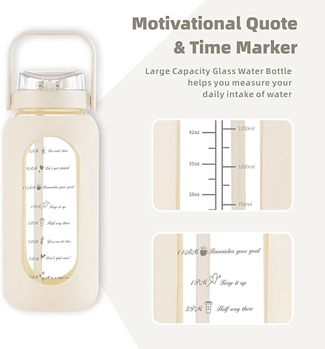 Miniatura 5 de SIEROZUR Botella de agua de vidrio de 74 onzas con pajilla, botella de agua motivacional de 2.2 litros con asa y marcador de tiempo, jarra de agua