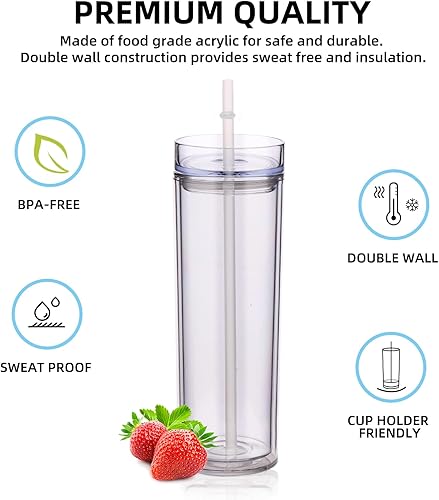 Miniatura 30 de Volhoply Paquete de 4 vasos delgados de plástico de 20 onzas, vaso de doble pared con tapa y pajilla, taza de café helado de viaje, reutilizable