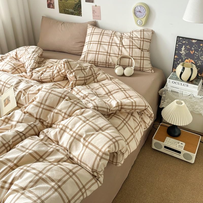 Image of Gingham Duvet Cover Set Queen Size,Beige Plaid Patterned 3Pcs Bedding Set for Kids Adults,Soft Breathable Microfiber Comforter Cover Checkered Design with Zipper Closure and 2 Pillowcases