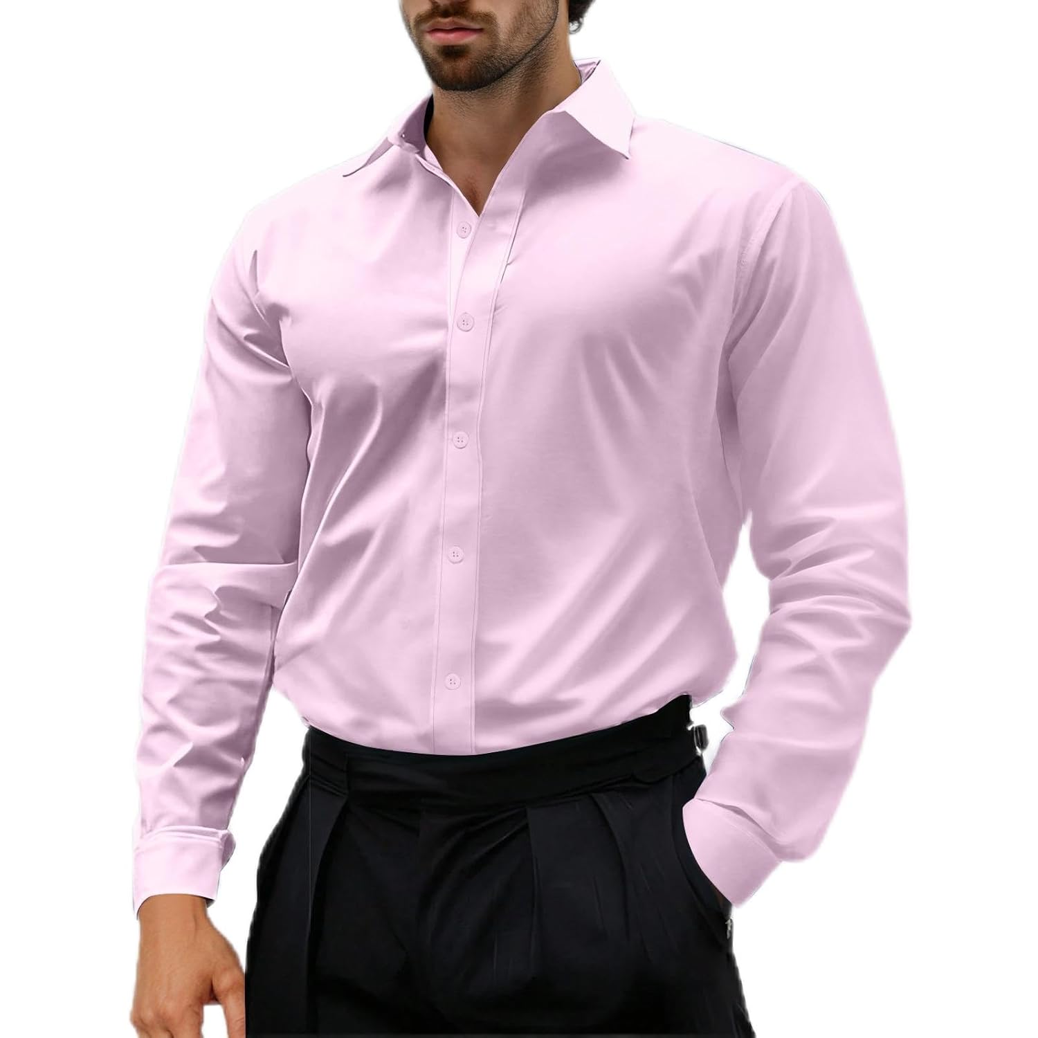 Men Dress Shirt Plain Color Stretch Wrinkle-Free Formal Shirts Business Casual Long Sleeve Button Down Tshirts