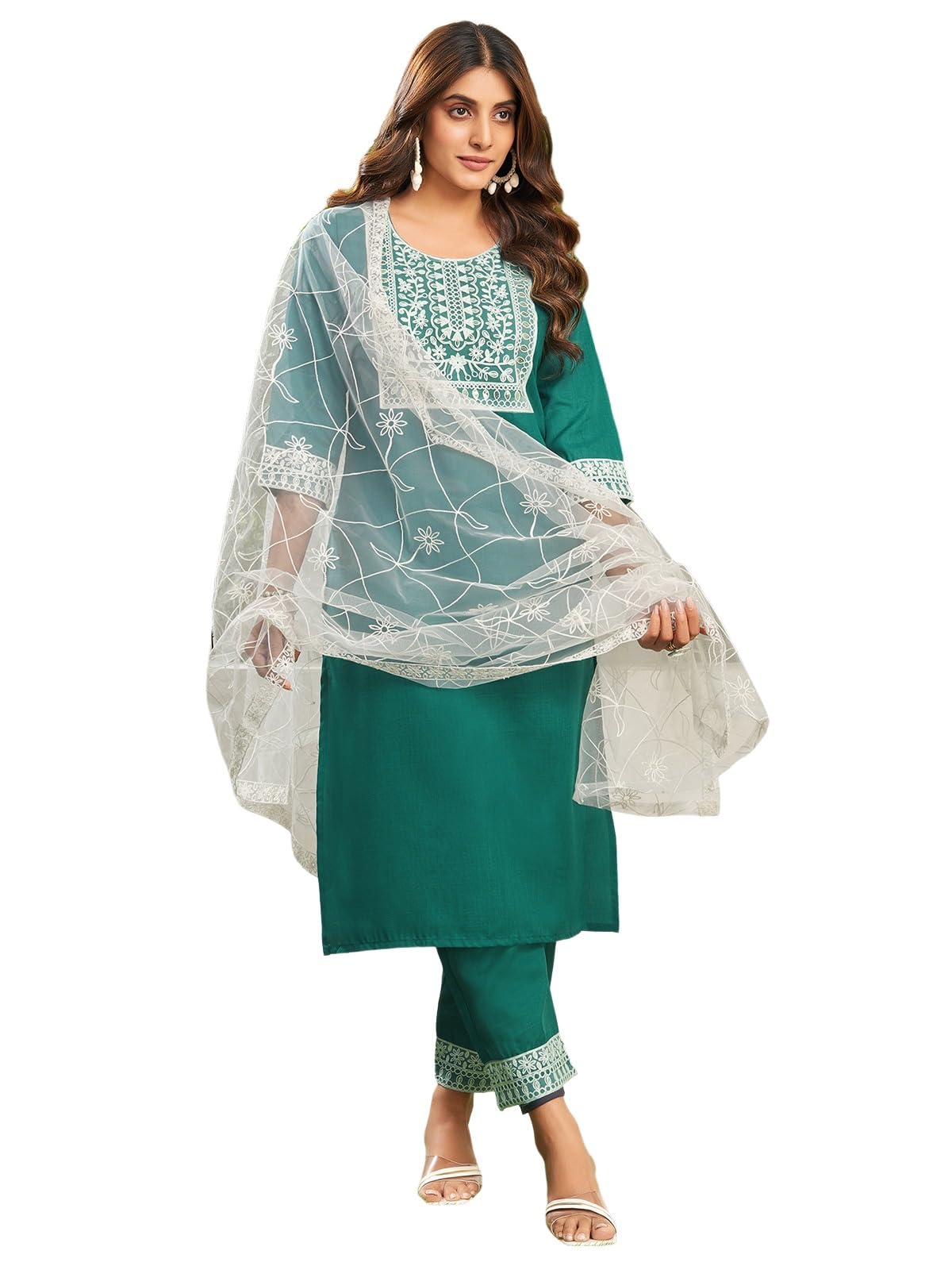 Sanisa Women's Cotton Blend Sequence And Embroidery Work Straight Kurta With Pant And Dupatta Set (193Kbd2054N-M_Teal Green2)