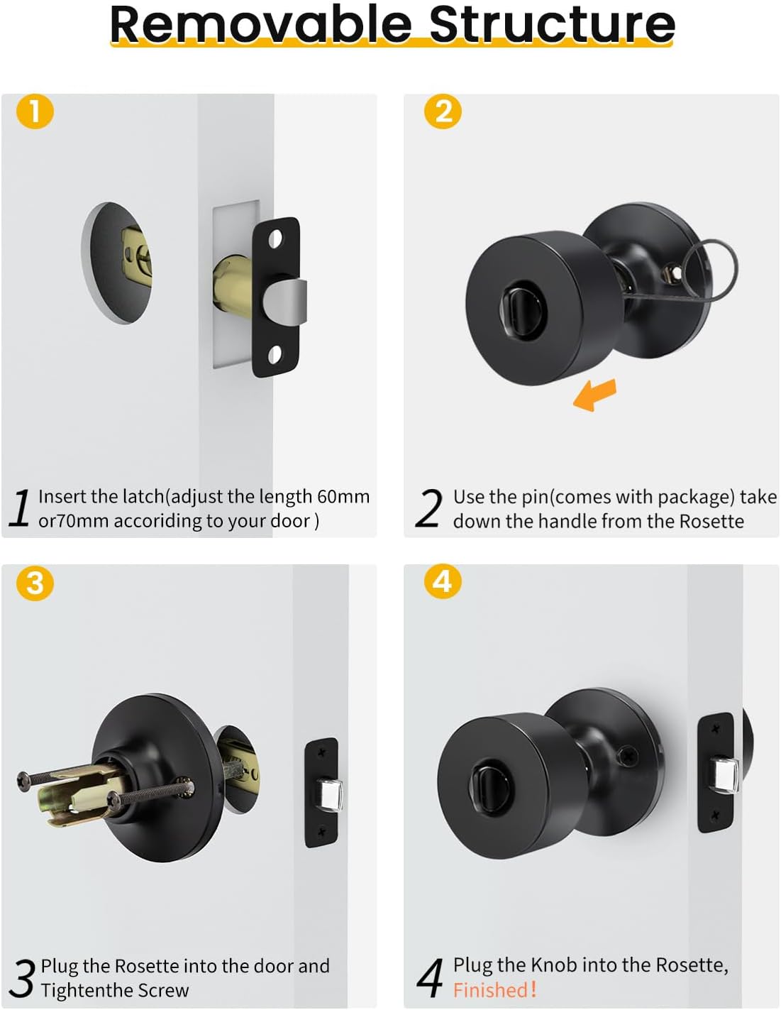 Goldenwarm Matte Black Door Knobs Interior, Privacy Door Knobs 3 Pack | Bedroom Door Knob with Lock, Keyless Heavy Duty Stainless Steel Bathroom Door Handles, Round Ball Inside Door Knob