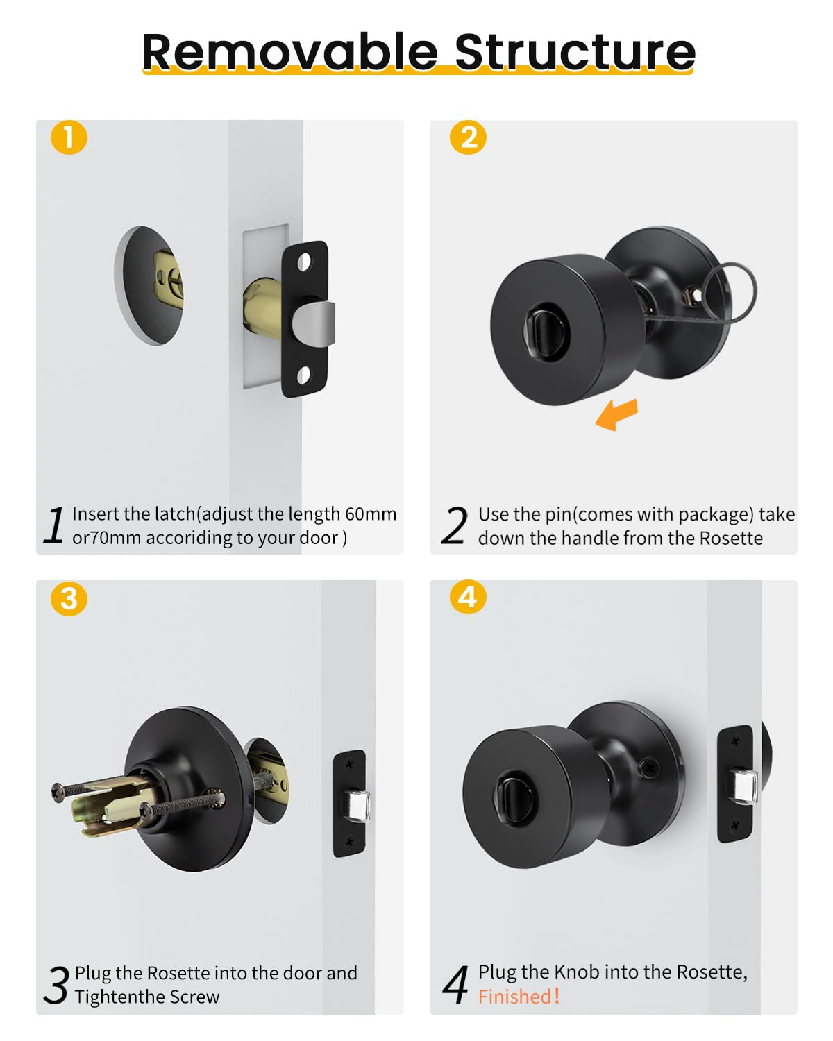 Matte Black Door Knobs - 6 Pack Privacy Locks -8