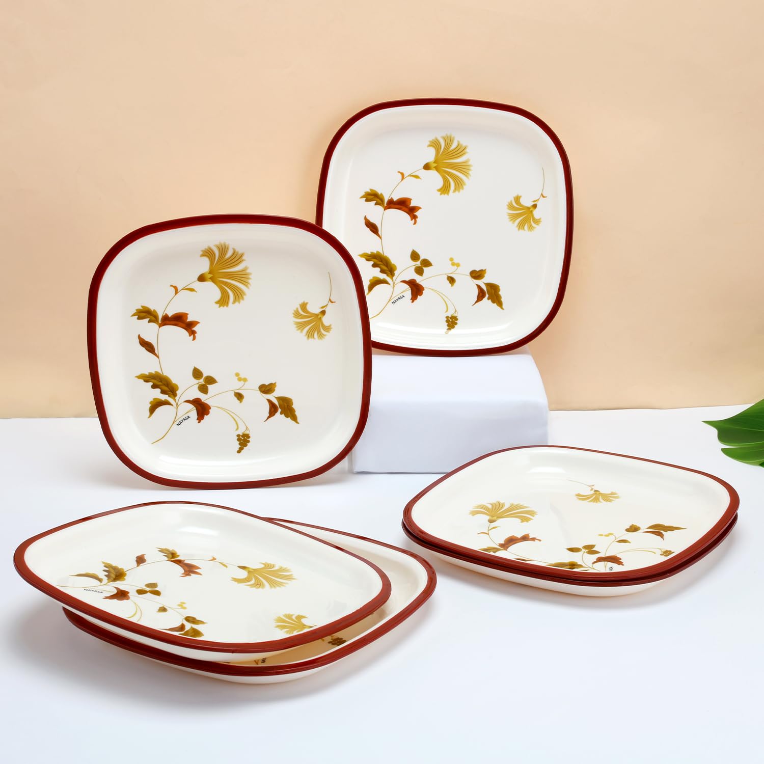 Nayasa Plato cuadrado DLX | Juego de 6 | Plato de aperitivos apto para microondas | Duradero y elegante | Perfecto para servir aperitivos, postres y comidas pequeñas | Vajilla de cocina | Granate