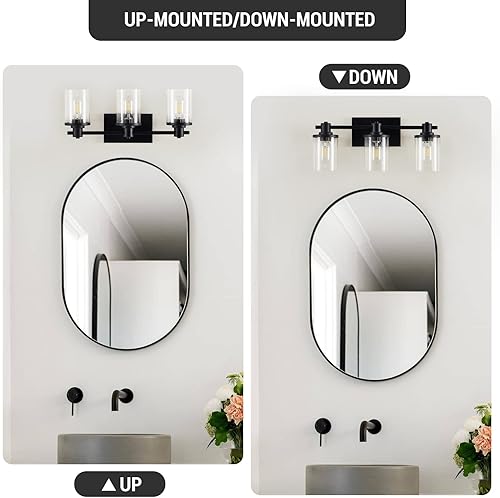 Miniatura 6 de DADUL 3 lámparas de tocador de baño negras y doradas sobre el espejo, moderna lámpara de tocador dorada con pantalla de vidrio transparente, aplique