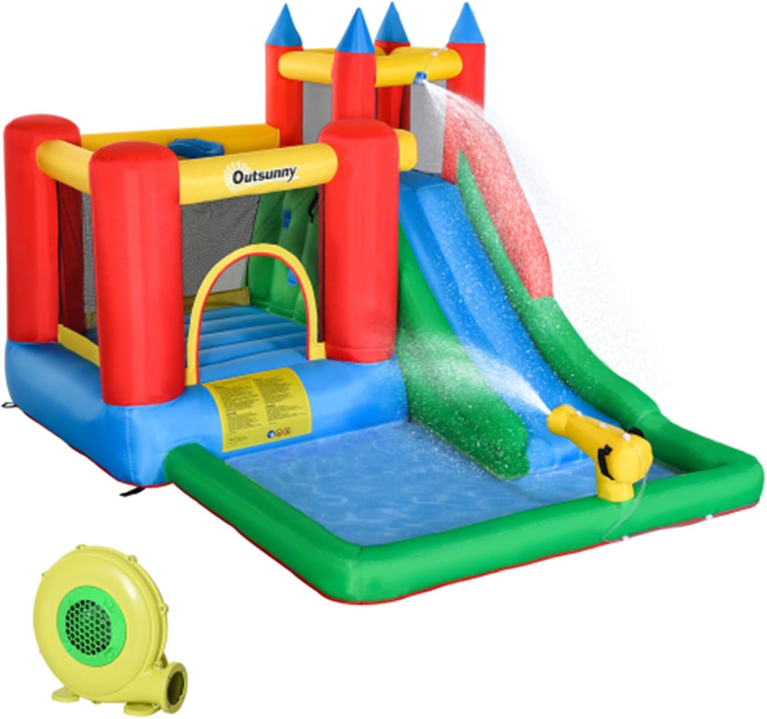 6 in 1 Kids Inflatable Water Slide, Outdoor Water Play Toy Set, Inflatable Slide with Pool, Water Cannon, Climbing Wall, Inflator, Jumping Castle, Kids Backyard Activities
