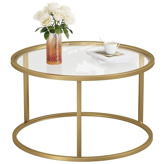 SAYGOER Small Glass Coffee Table Round Gold Coffee Table for Small Space Modern Simple Center Table with Gold