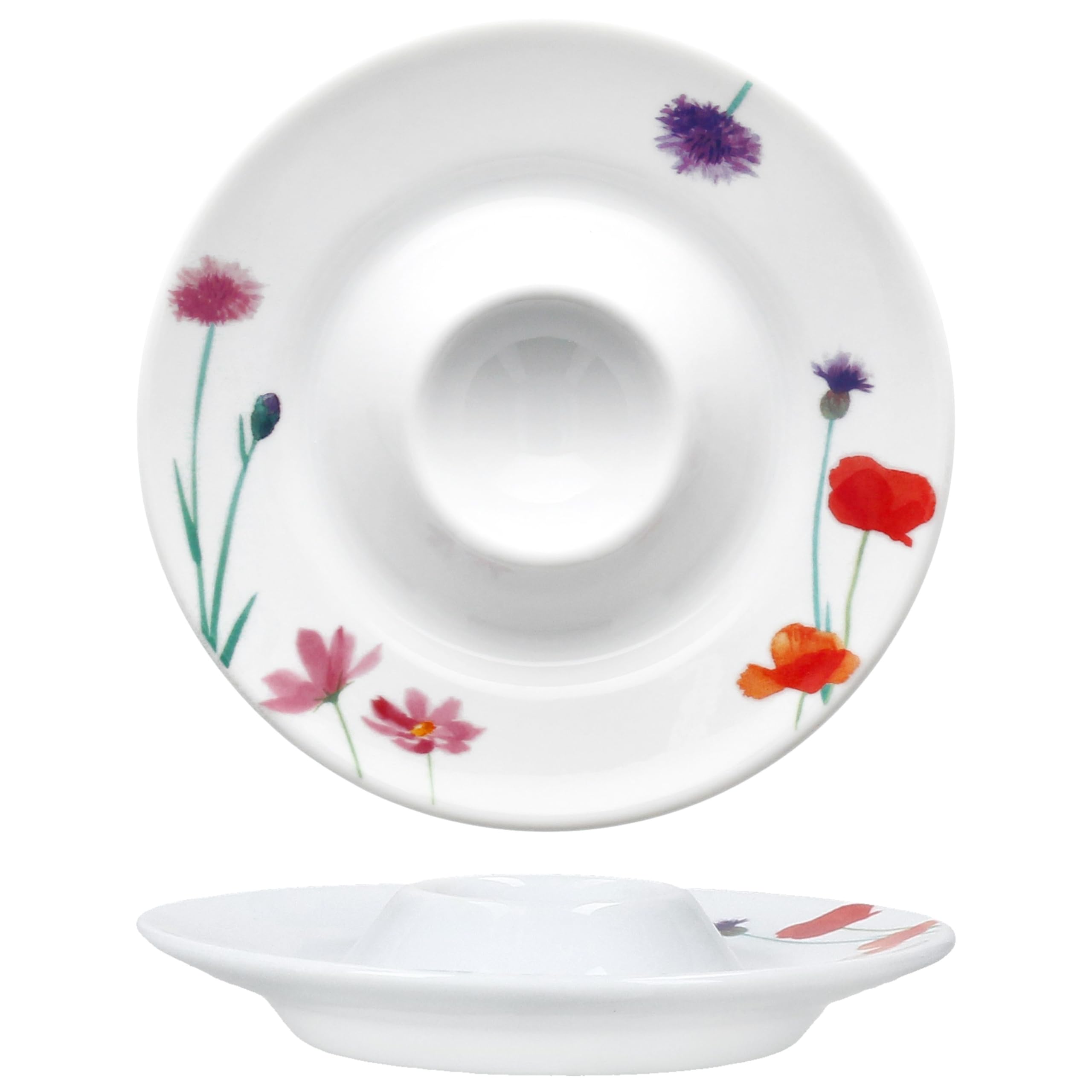 MamboCat Marie Lot de 6 coquetiers avec plateau I 6 personnes I Diamètre 13,2 cm I Coquetiers ronds en porcelaine avec décor prairie florale pour l'œuf du petit-déjeuner I Coquetiers plats pour brunch