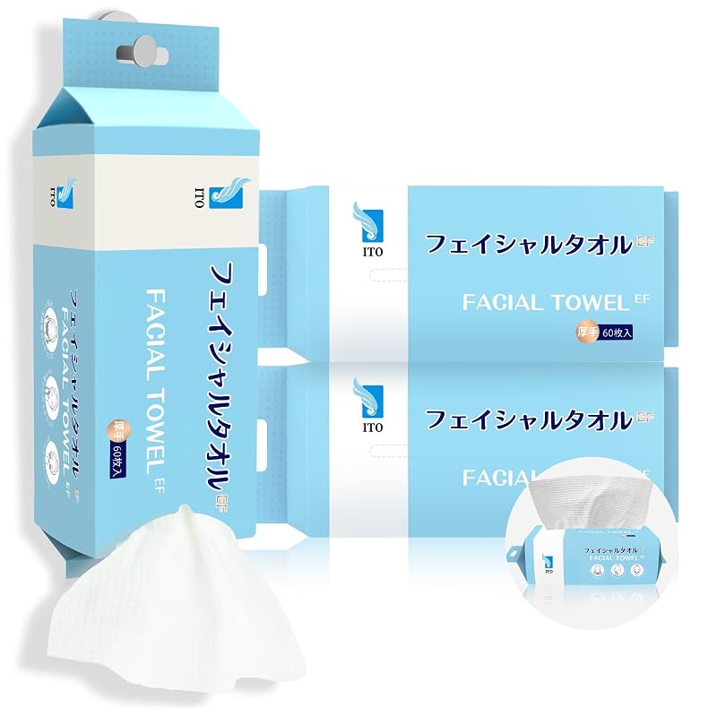 ITO Face Towels, Ultra-Soft & Extra Thick Cleansing Towels for Sensitive, Dry & Oily Skin, Facial Tissue, Makeup Remover Disposable Towels (60 Count (EF Pack of 3))