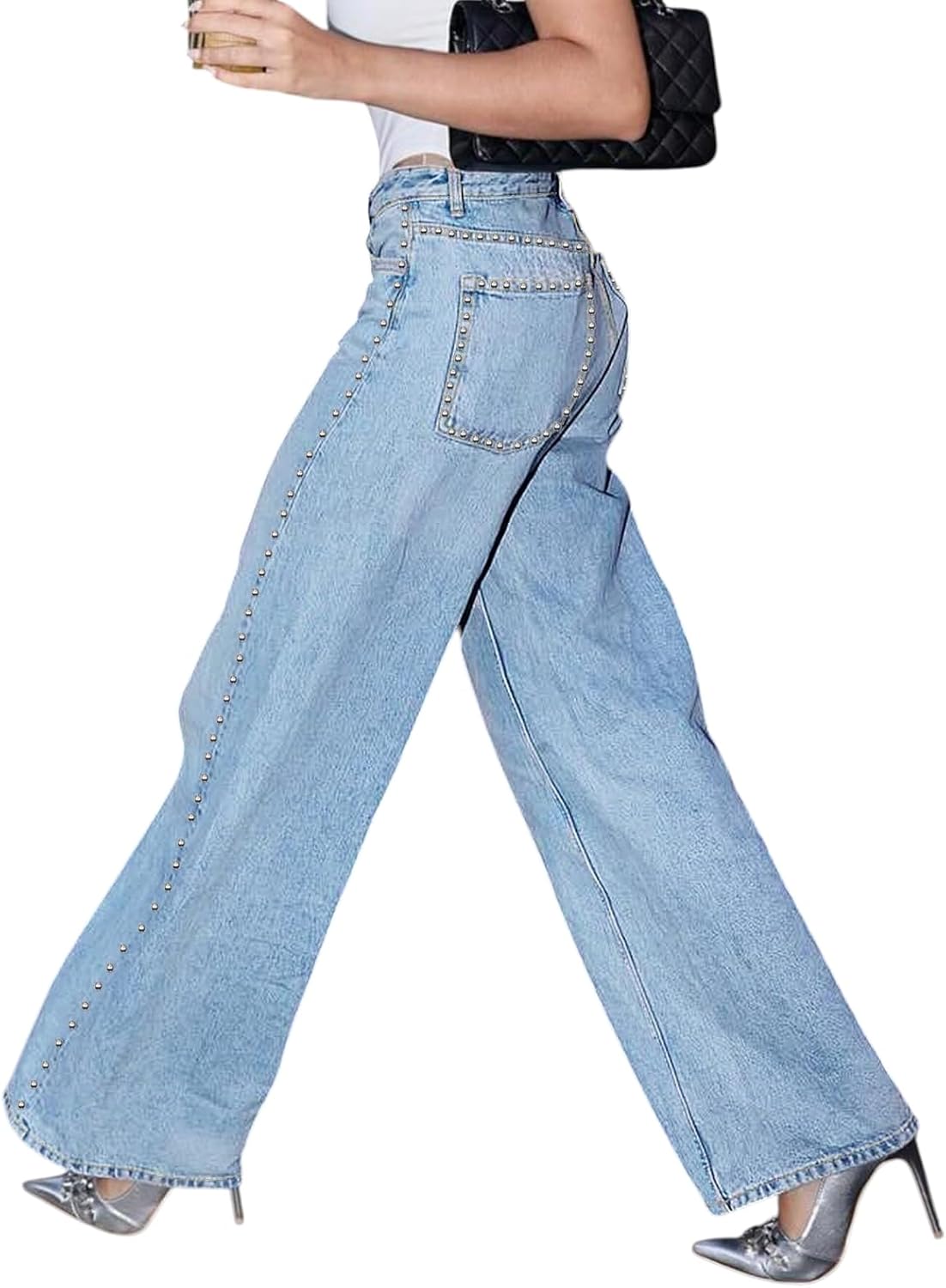 Women's Studded Jeans-Straight Leg Rhinestone High Waisted Pearl Boyfriend Denim Baggy Trousers Street Style