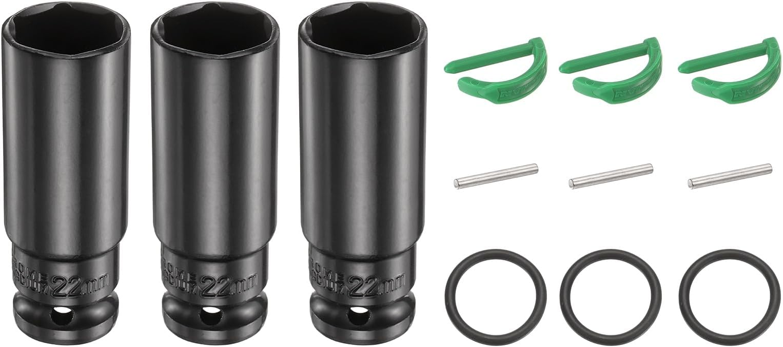 sourcing map 3pcs 6 Point Deep Impact Socket 1/2" Drive 22mm Metric Standard Socket Cr-Mo Steel Spindle Axle Hex Nut Bolt Sockets with Rubber Ring Locking Pin