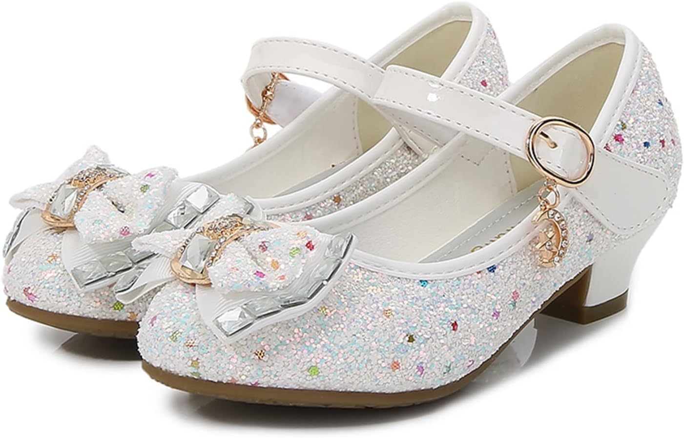 Unifizz Girls Dress Shoes Glitter Princess Shoe Flower Bow Mary Jane Low Heels Party Wedding Prom Footwear for Toddler Kids