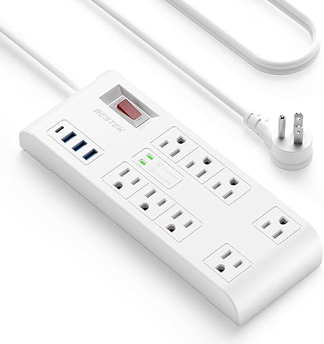 BESTEK Protector de sobretensiones de 4,000 julios con USB, regletas de alimentación con 8 salidas de CA, 3 USB-A 2.4A 1USB-C 3A, salida máxima 7