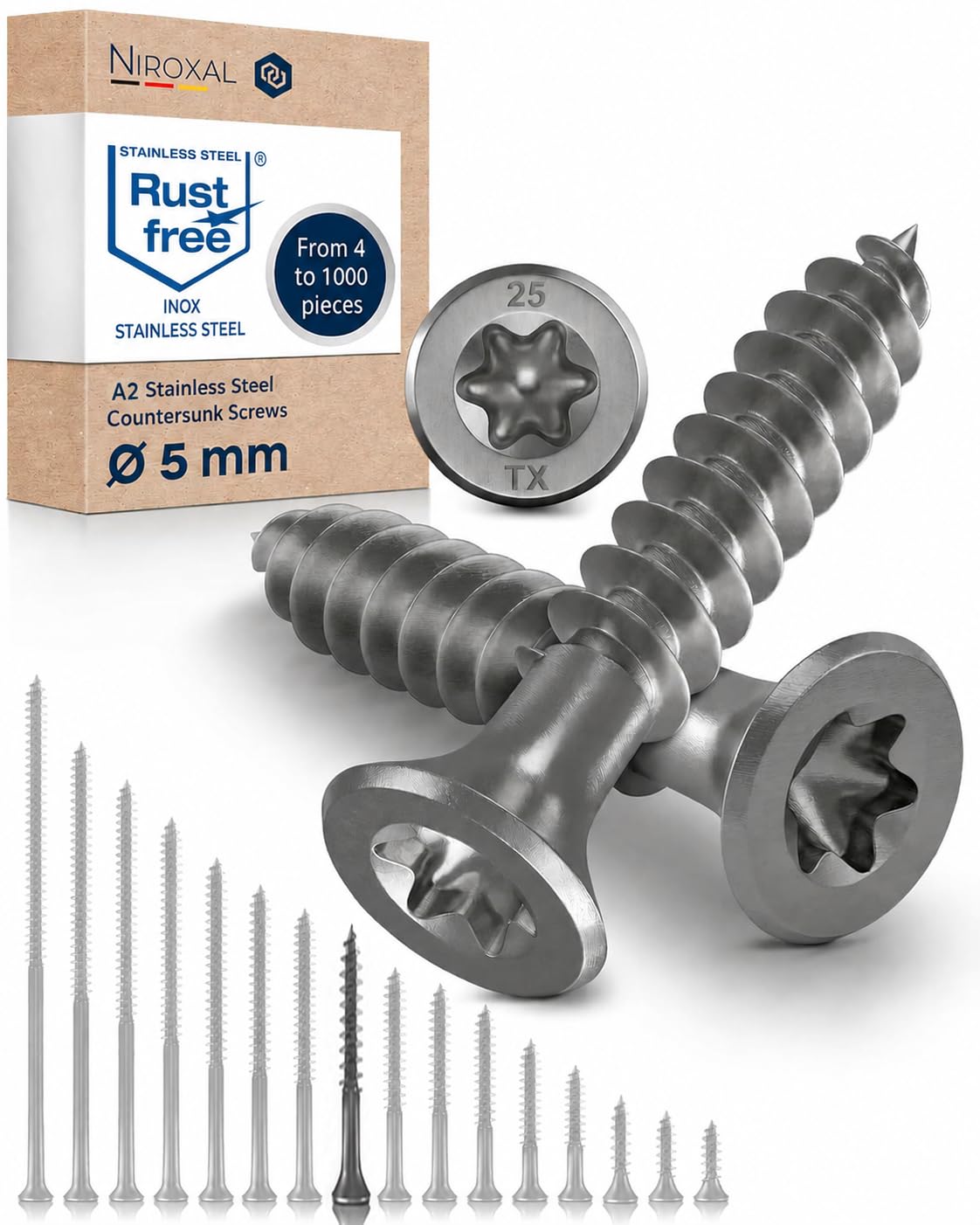 #10-2-1/4″ Exterior Wood & Fence Screws 5x55mm Stainless Steel Flat Head Deck Screws Partial Thread 5mm Strong 55mm Long 800 Pieces Rust Resistant A2