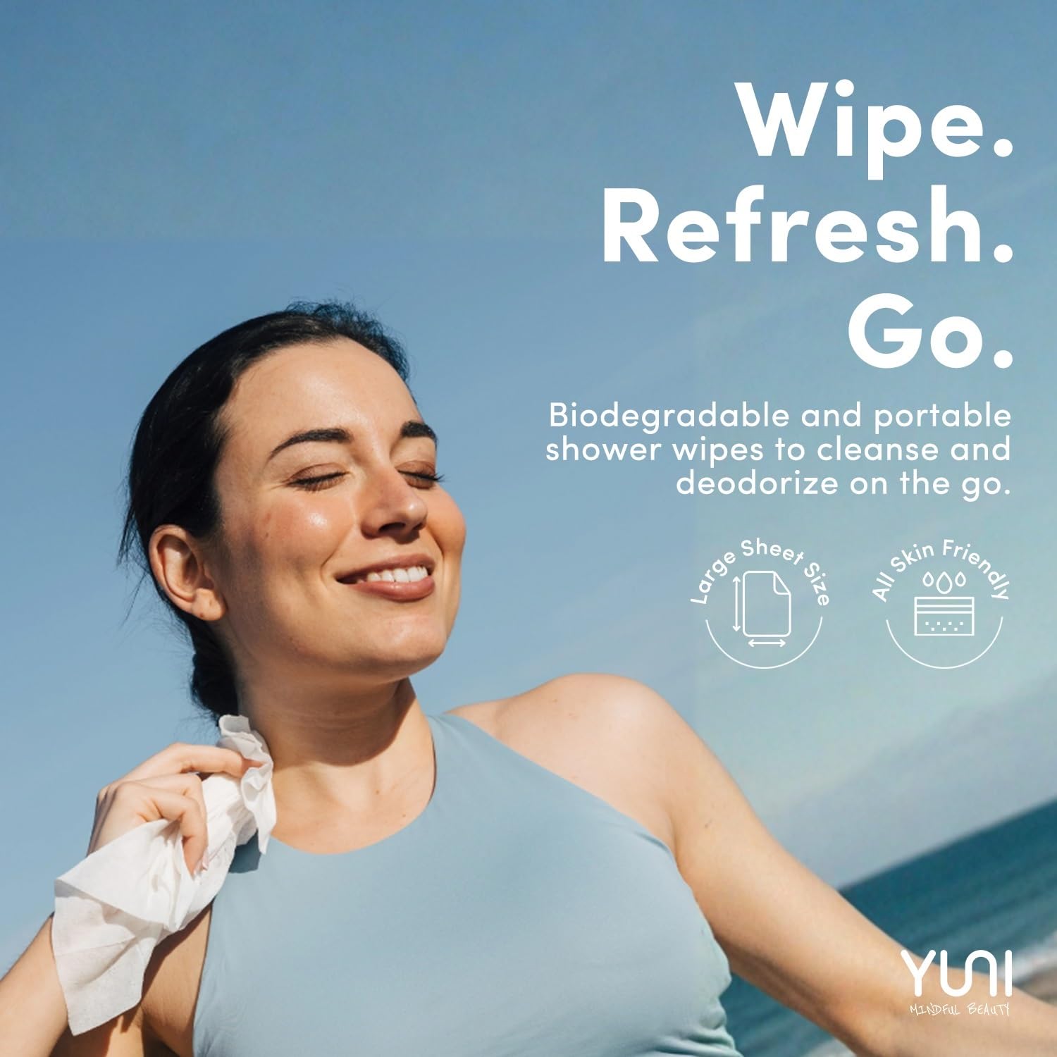 YUNI Beauty Large Body Wipes (Unscented, 30 Count) Super Soft Moist Showerless that Cleanse & Deodorize - On-the-Go Waterless Body Cleanser - Biodegradable Individually Wrapped Wipes for Travel