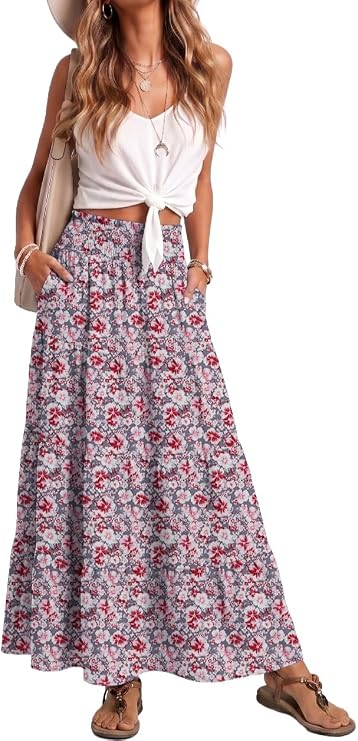 Lepunuo Womens Elastic High Waist Maxi Skirt Summer Flowy Long Skirts