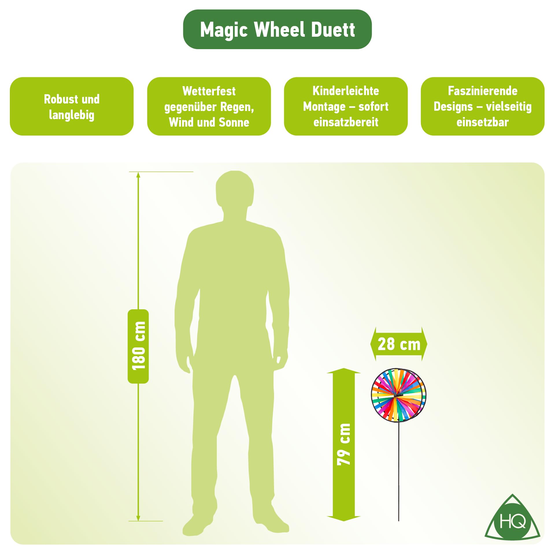 HQ Design Windspiration - Magic Wheel, UV-beständige und wetterfeste Windspiel Deko für Garten, Terrasse und Balkon, inklusive Standstab (Duett)
