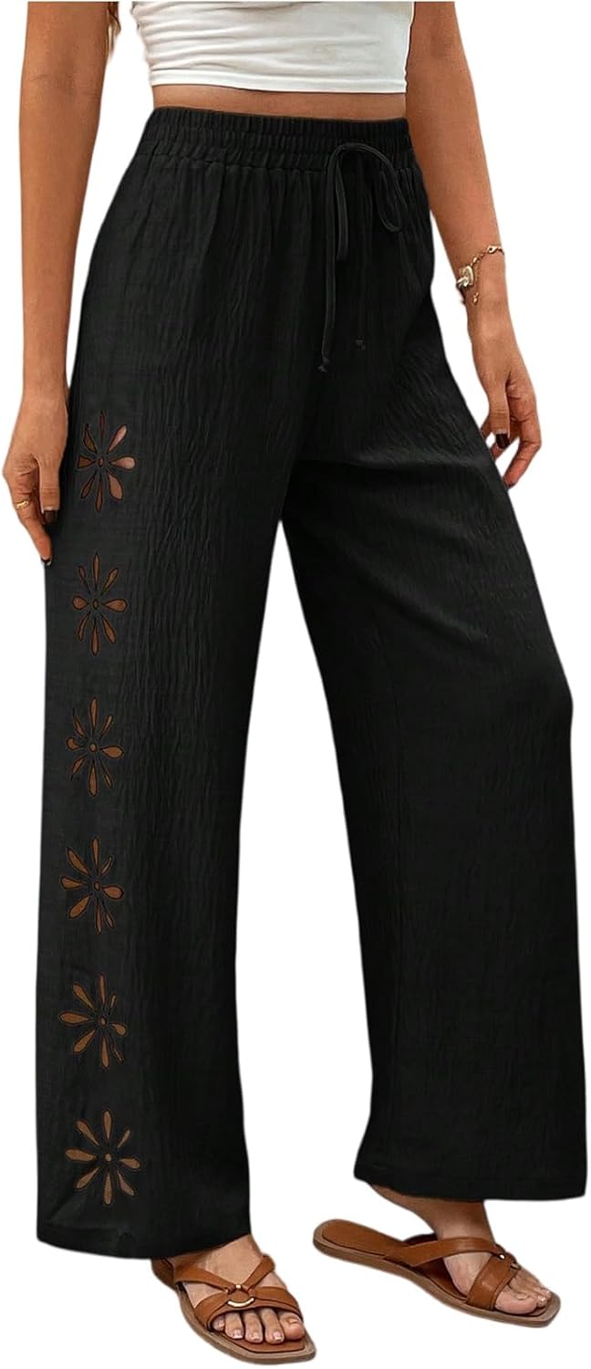 Women's Linen Blend Wide Leg Pants with Floral Cutout Elastic Waist Casual Trousers Casual Daily Outings