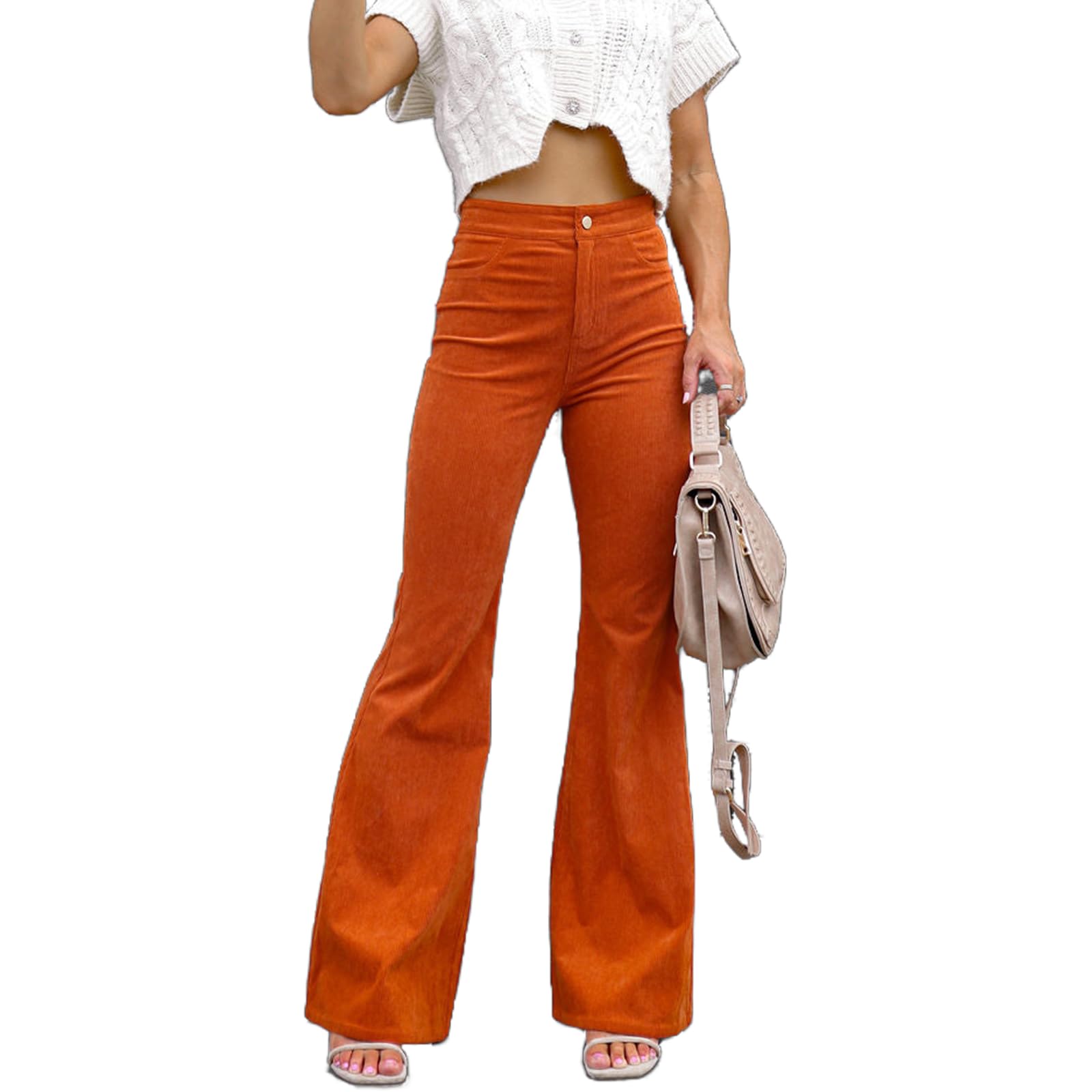 Corduroy Pants for Women High Waisted Stretchy Flare Pants Casual Wide Leg Bell Bottom Trousers with Pockets