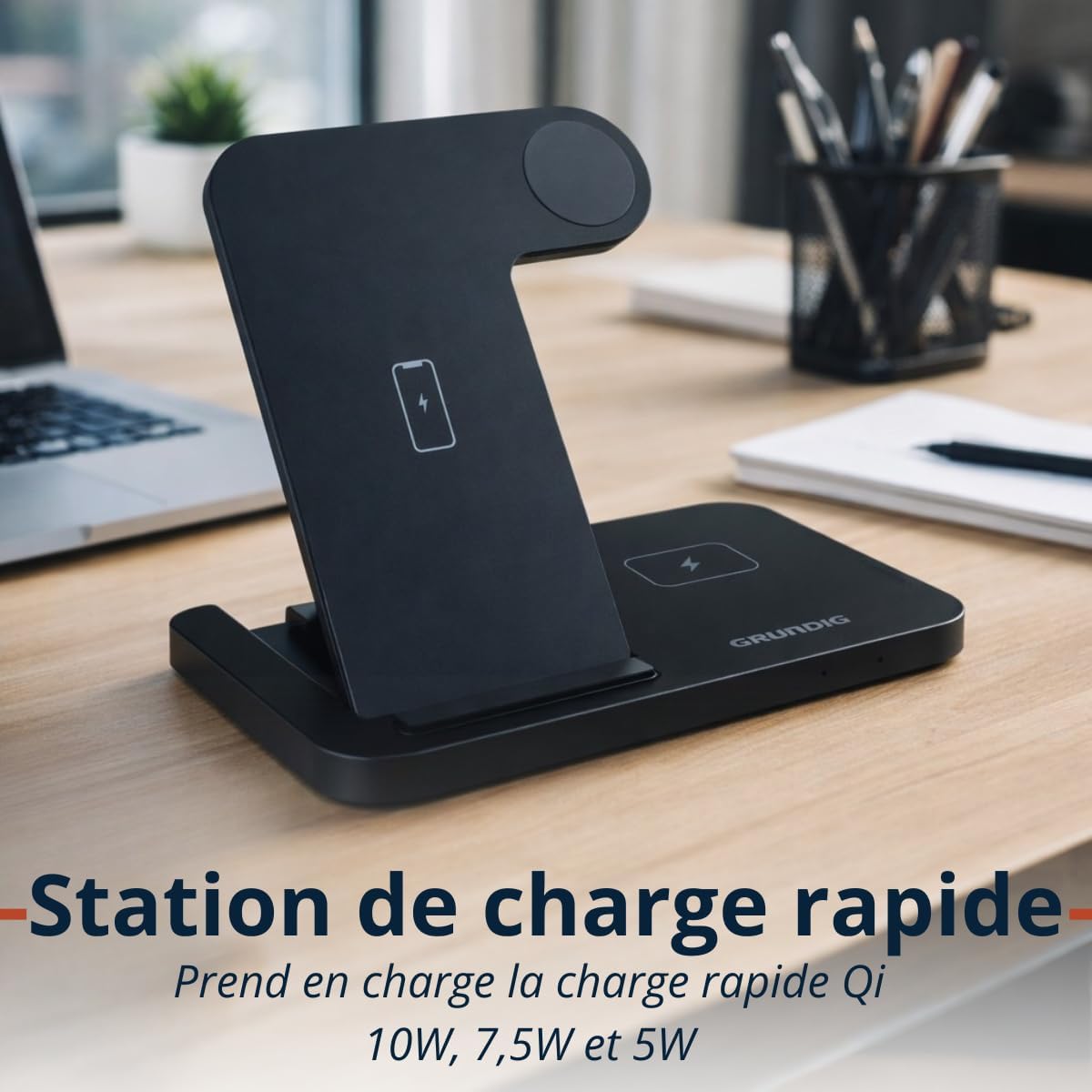 Grundig 3-in-1 Wireless Charging Station in its folded, compact state.