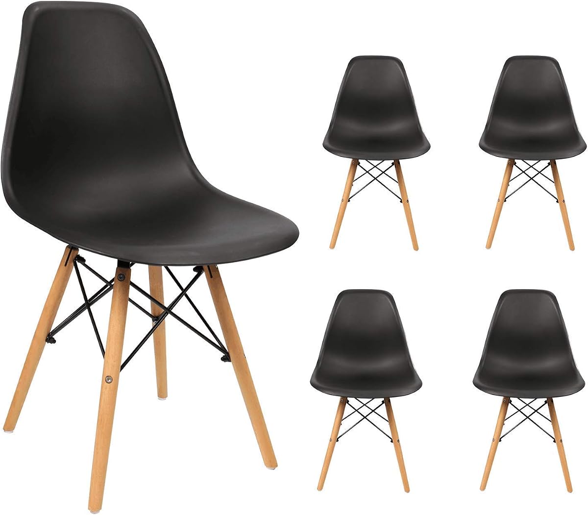 Sillas de comedor de estilo moderno de Devoko Silla DSW preensamblada de mediados de siglo Sillas laterales clásicas de plástico para comedor, cocina, sala de estar Juego de 4 (negro)