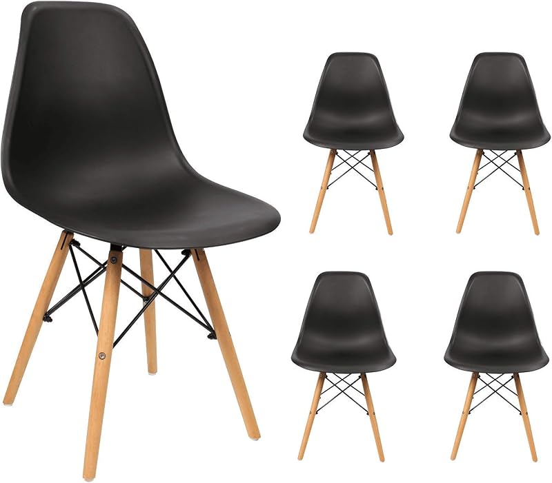 Sillas de comedor de estilo moderno de Devoko Silla DSW preensamblada de mediados de siglo Sillas laterales clásicas de plástico para comedor, cocina, sala de estar Juego de 4 (negro)