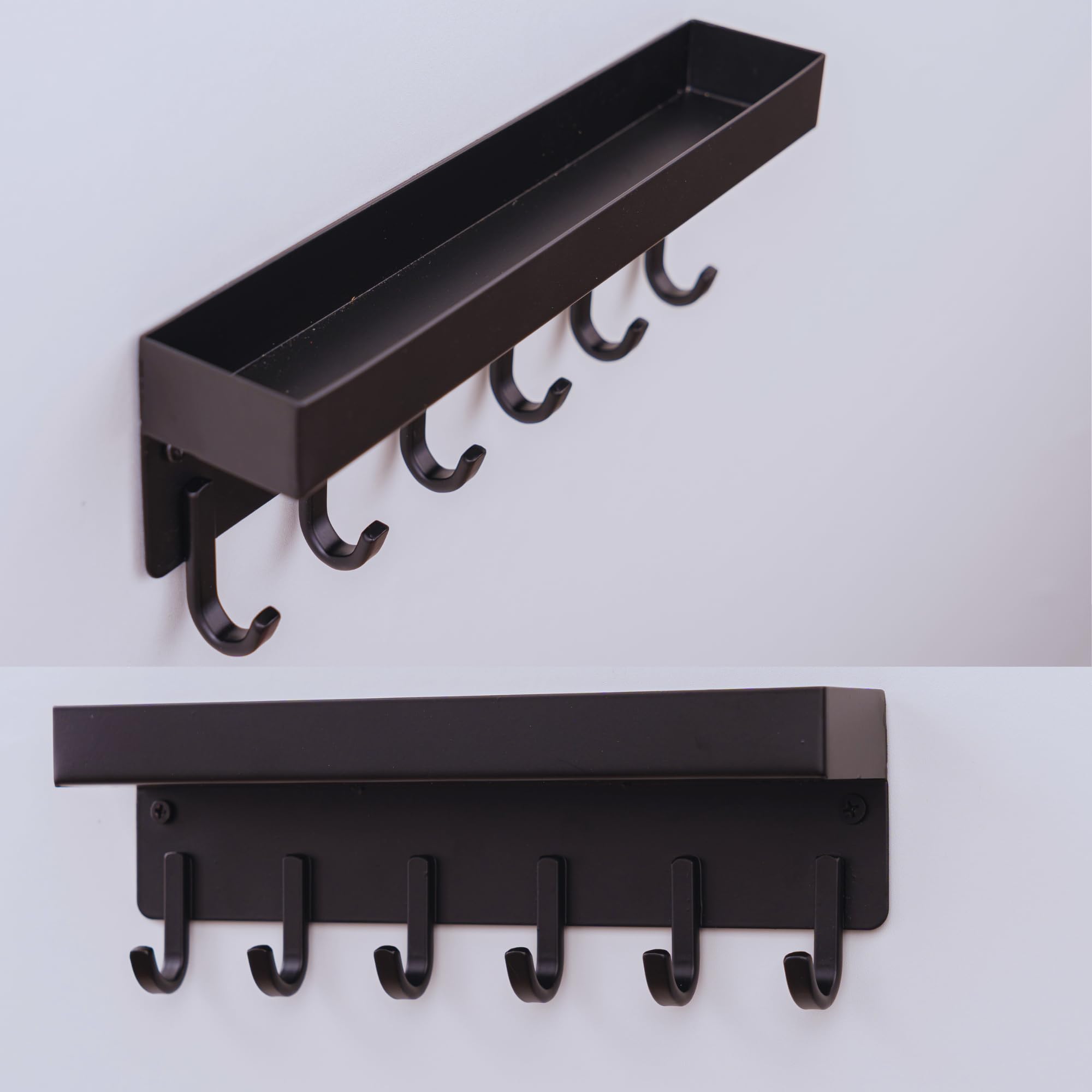 Domira Black Key Holder For Wall - 6 Hooks, Self Adhesive Or Drill, Metal Key Rack Wall Mounted, Hallway Entryway Organiser, Home Key Hanger
