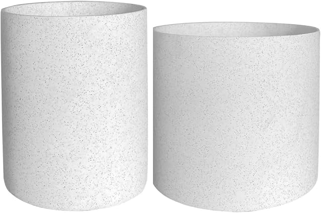 Toughened Ceramic- Speckled - Set 2 Classic Ceramic Plant Pots 14cm + 11cm Indoor Outdoor Planters Containers Flower Pots (White)
