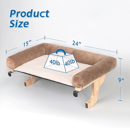 Miniatura 15 de Zakkart Percha para gato para alféizar de ventana con refuerzo, diseño ortopédico de hamaca con madera dura de primera calidad y marco de metal