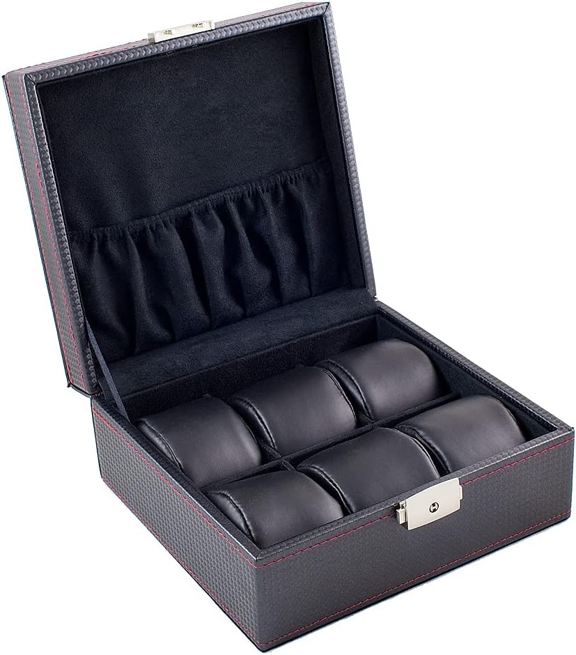 Carbon Fiber Pattern Black Watch Case Display Storage Box with Red Stitching Holds 6 Watches with Soft Adjustable Pillows