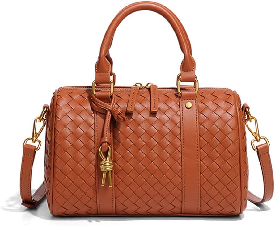 Woven Top Handle Bag for Women Barrel Bag Leather Satchel Purses and Handbags Boston Crossbody Bag