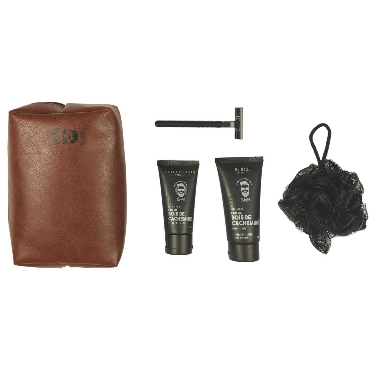 COSMETIC CLUB - SC40043 Coffret Soin Corps Homme, 5 Accessoires : Gel Douche, Mousse à Raser, Fleur de Douche, Ciseaux à Ongles, Parfum Bois de Cachemire, Design Marron Noir