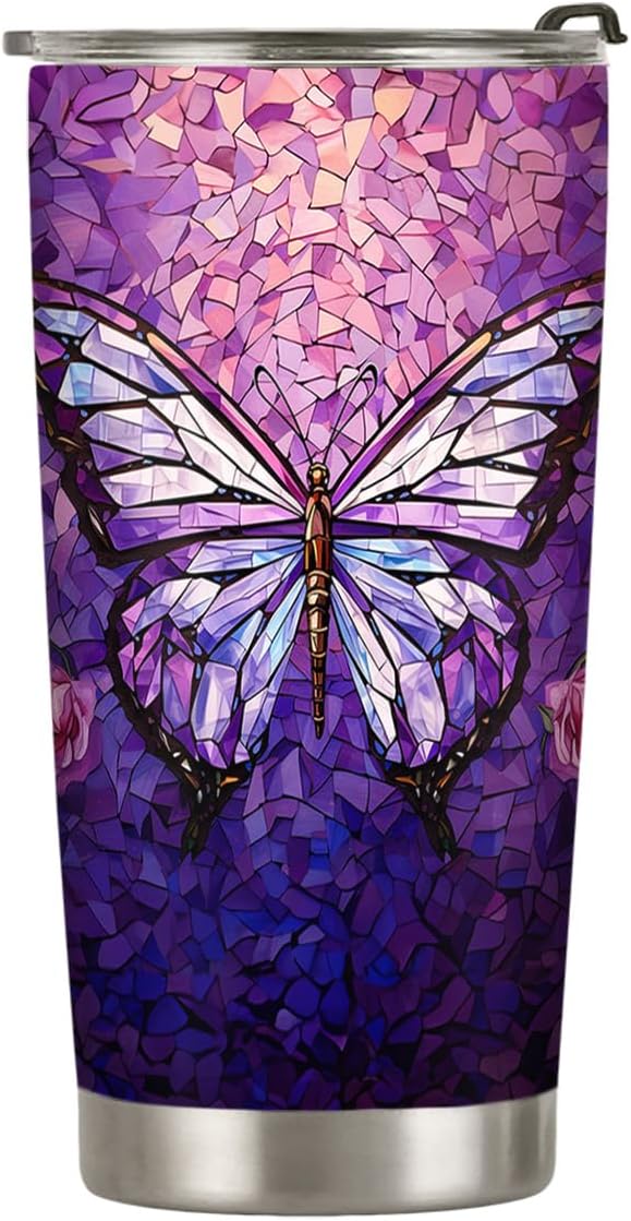 20oz Purple Stained Glass Floral Flower Butterfly Tumbler, Gifts for Butterfly Lovers, Coffee Tumbler for Women, Stainless Steel Double Wall Vacuum Insulated Coffee Mug, Travel Cup with Lid