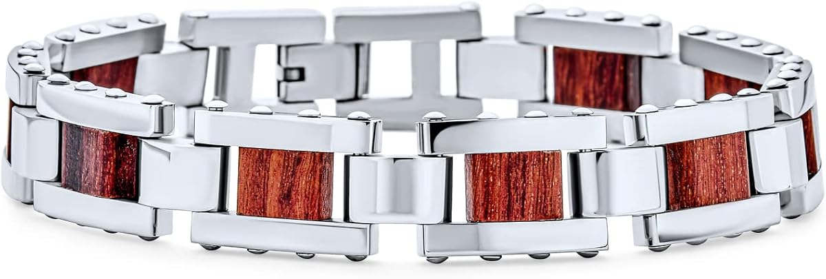 Pulsera masculina de eslabones cuadrados de acero inoxidable plateado y madera marrón para hombre