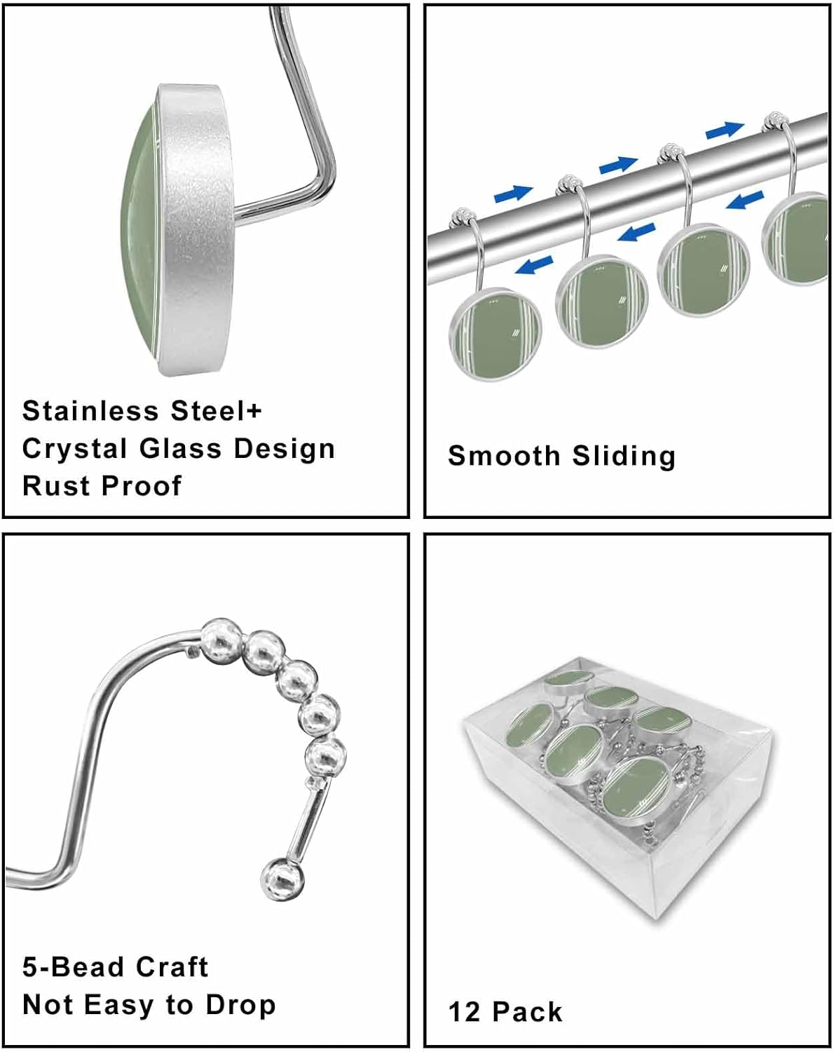 Shower Curtain Hooks 12 Pcs Sage Dark Green White Striped Stainless Steel Rust Proof Rolling Shower Curtain Rings, Decorative Shower Curtain Hooks Hangers for Bathroom